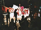 Barney and his friends with the Snowman on set during the filming of this video Waiting for Santa'.