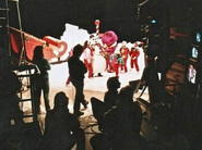 Barney and his friends with the Snowman on set during the filming of this video Waiting for Santa'.