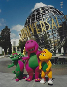 Barney, Baby Bop, and BJ at the Universal globe