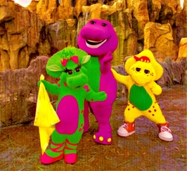 Barney, BJ and Baby Bop near the waterfalls.