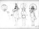 Front, back and side view of Baby Bop in a concept sketch design.