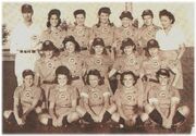 The  Kenosha Comets. 
Back L-R: "Josh" Billings (Manager), Audrey Wagner, Ethel McCreary, Lee Harney, Ann Harnett, Janice O`Hara, Ada Ryan (Chaperone). Middle L-R: Phyllis Koehn, Kay Heim, Helen Westerman, Helen Nicol, Darlene Mickelsen. Front L-R: Clara Cook, Myrna Nearing, Mary Lou Lester, Shirley Jameson, Pauline Pirok.