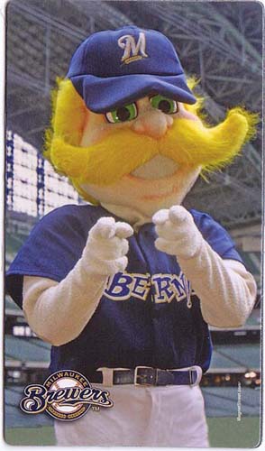 MILWAUKEE, WI - MAY 11: Bernie Brewer, the Brewers mascot slides down a  large slide after a home run is hit during the game between the Milwaukee  Brewers against the San Diego