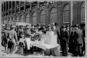 Fans line up for hot dogs at Ebbets Field.