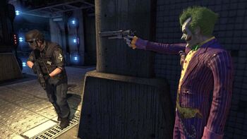 The Joker's special challenge map for PlayStation 3 features the villain beating back Arkham's security.