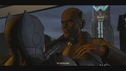 Batman questions Falcone about the stolen psychoactive nerve chemicals.