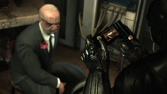 Batman receiving Warden Sharp's security clearance codes after he found him in the Security Control Room at the Penitentiary.