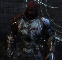Azrael standing in front of his symbol at the Church in Arkham City.