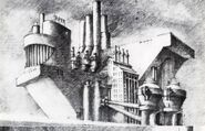 Original sketch of the factory by Nigel Phelps, while it still bore the Apex Chemicals.