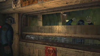 An early development picture released that showed Eddie Burlow at the observation window in the Decontamination Chamber.