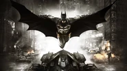 Batman Arkham Knight31.jpg (243 kio) Batman, la cape déployée, au dessus de sa Batmobile