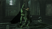 Batman rescuing a Riddler hostage with the Line Launcher