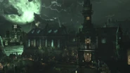 Le manoir d'Arkham et la tour Wayne Entreprise en arrière-plan