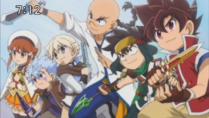 Sword Eyes of Light group – from left to right: Kizakura Kukuri, Suou Rakels, Haqua Estoc, Sora Ryuyo, Hagakure Shidou, Tsurugi Tatewaki