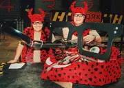 Diotoir with giant glasses during a Celebrity Special episode of Robot Wars.