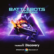 A promotional poster for BattleBots: Champions on Discovery and discovery+.