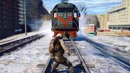 A player facing off against the train