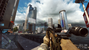 Conquest HUD in Battlefield 4. The status of each control point on the map and amount of tickets both teams currently have is shown above the minimap. The US team owns points A, B, and C, the CN team controls only E, and D is neutral. The CN team is currently bleeding tickets, due to the US controlling over half the points on the map.