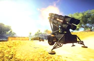 Anti-ship cruise missile being fired from launcher.
