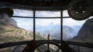 First person pilot view. The pilot controls the vehicle from the front section of the airship's forward gondola.