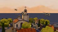Helicopter combat over Victory Village.