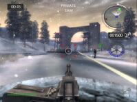 A mounted M2 Browning being used on enemies in Battlefield 2: Modern Combat. (Xbox)