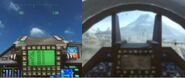 Cockpit appearance of Su-50 while piloting live, lacking physical gunsight (left) and Cockpit appearance of Su-50 while viewed in vehicle-respawn selection (right)