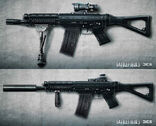 An SG553 with ACOG and Bipod (up) and an SG553 with Holographic Sight, Foregrip and Suppressor (down).