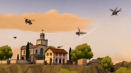 Helicopter combat over Victory Village.