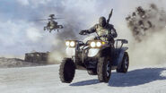 A Russian Engineer riding on a quad bike in an early screenshot for Battlefield: Bad Company 2.