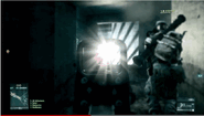 The player's view when a flashlight is flashed towards the player.