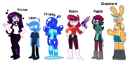 YellowAngiru's original characters. From left to right: Vivian Xenon, Leon Reed, Friday Dryp, Robin, Maple Black and Checkers Walden.