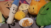 Firey, Firey Jr., Leafy, Loser, Pen, and Woody plush with a bowl of Totino pizza rolls.