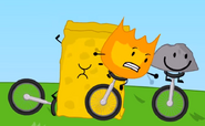 Firey, Spongy and Rocky wobbling on their unicycles