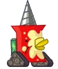 Pin with no limbs wearing a mech suit, a battery, a drill replacing her point, and a banana on her face. (BFDIA 21)
