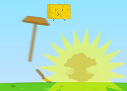 Spongy falling off his tower thing.