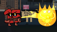 Fifteen burning Fourteen (Disguised as Seven) with a flamethrower.