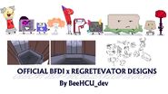An image depicting most of the Regretevator NPCs as Objects and the elevator. The characters in the image are: DrRETRO, Infected, Scag, STAT, PartyNoob, Pest, Prototype, Wallter, Lampert and Mach.