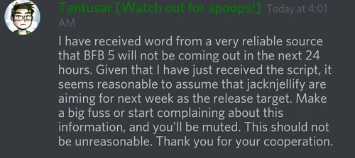 Tant says BFB 5 is delayed