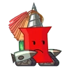 Pin with no limbs wearing a mech suit, a battery, a rocket, a drill replacing her point, and shopping bags on her drill. (BFDIA 19)