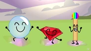 Match, Bubble and Ruby jumping together on puddles.