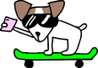 jack russell terrier dog riding very fast with speed a skateboard as skater , with sunglasses in summer vacation, taking a selfie with smartphone or cell phone