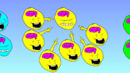A group of yellow Example Contestants spotting the fake copy of a cyan Example Contestant