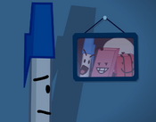 Pen looking at a picture of him with Eraser, Blocky, and Snowball