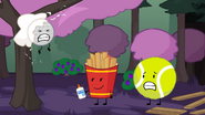 Fries gluing Golf Ball to a tree.