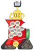 Pin with no limbs wearing a mech suit and a battery with 20th stickers, a medal, and a trophy (BFDIA 16)