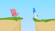 Eraser challenges Pen to jump over a pit.