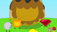 Firey sets Puffball on fire.