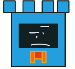 Draw a roblox character with a purple torso,blue legs with a blue electric hammer with the robux logo