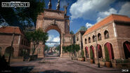 An archway looms over the main street of Theed.